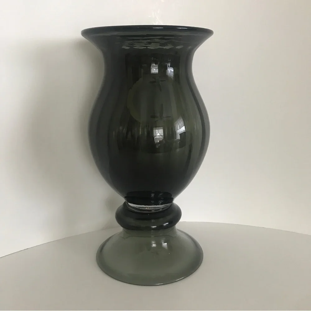 Vintage Wayne Husted Blenko Art Glass Charcoal Gray Ribbed Vase Mid Century